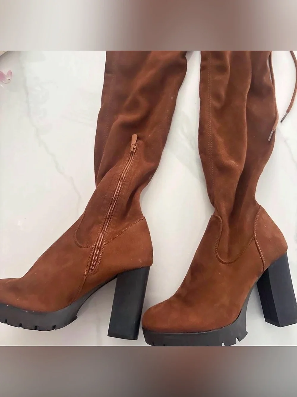 Women's Over-the-Knee Suede Platform Boots in Chestnut Brown